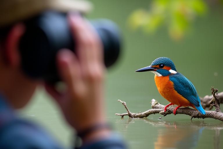 A person using binoculars to watch a colorful kingfisher by a river.