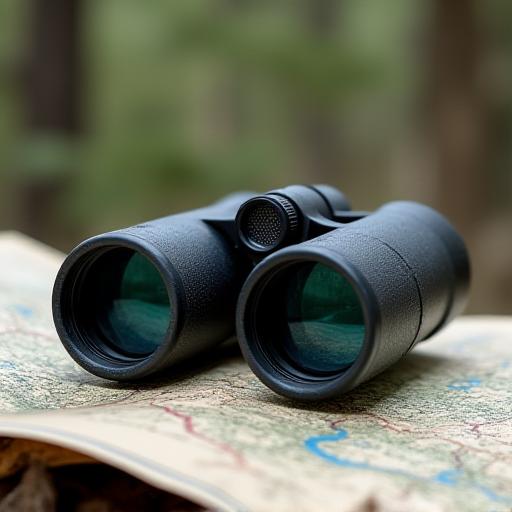 A pair of rugged, high-end binoculars resting on a map.